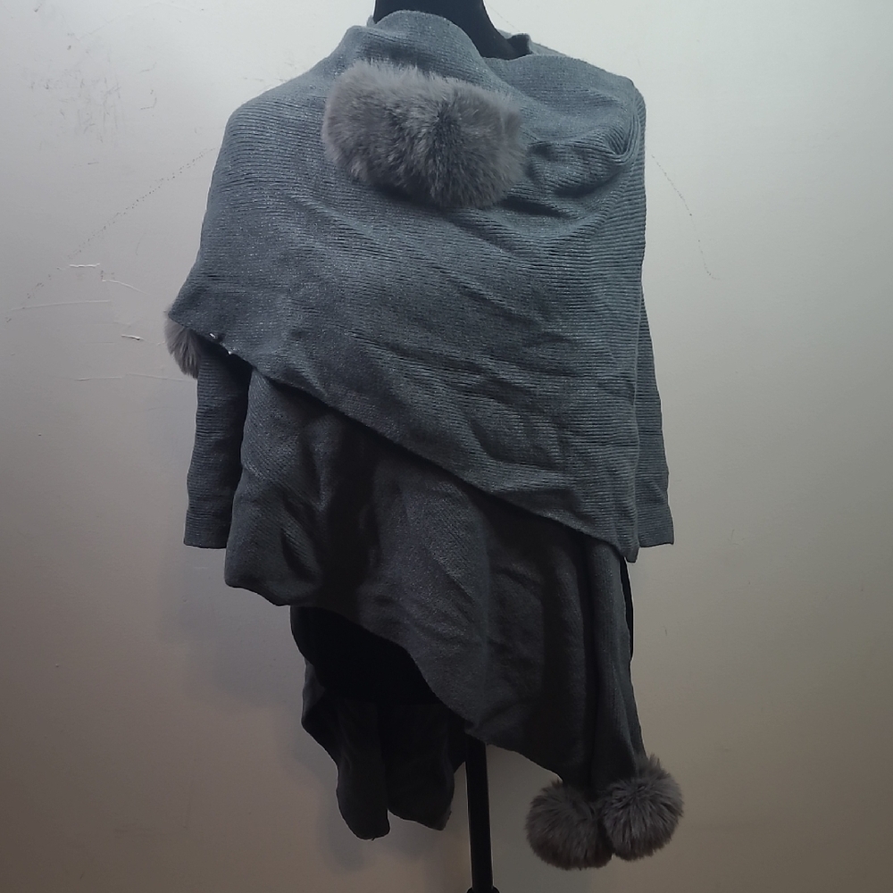 Gray Shawl with Faux Fur Trim